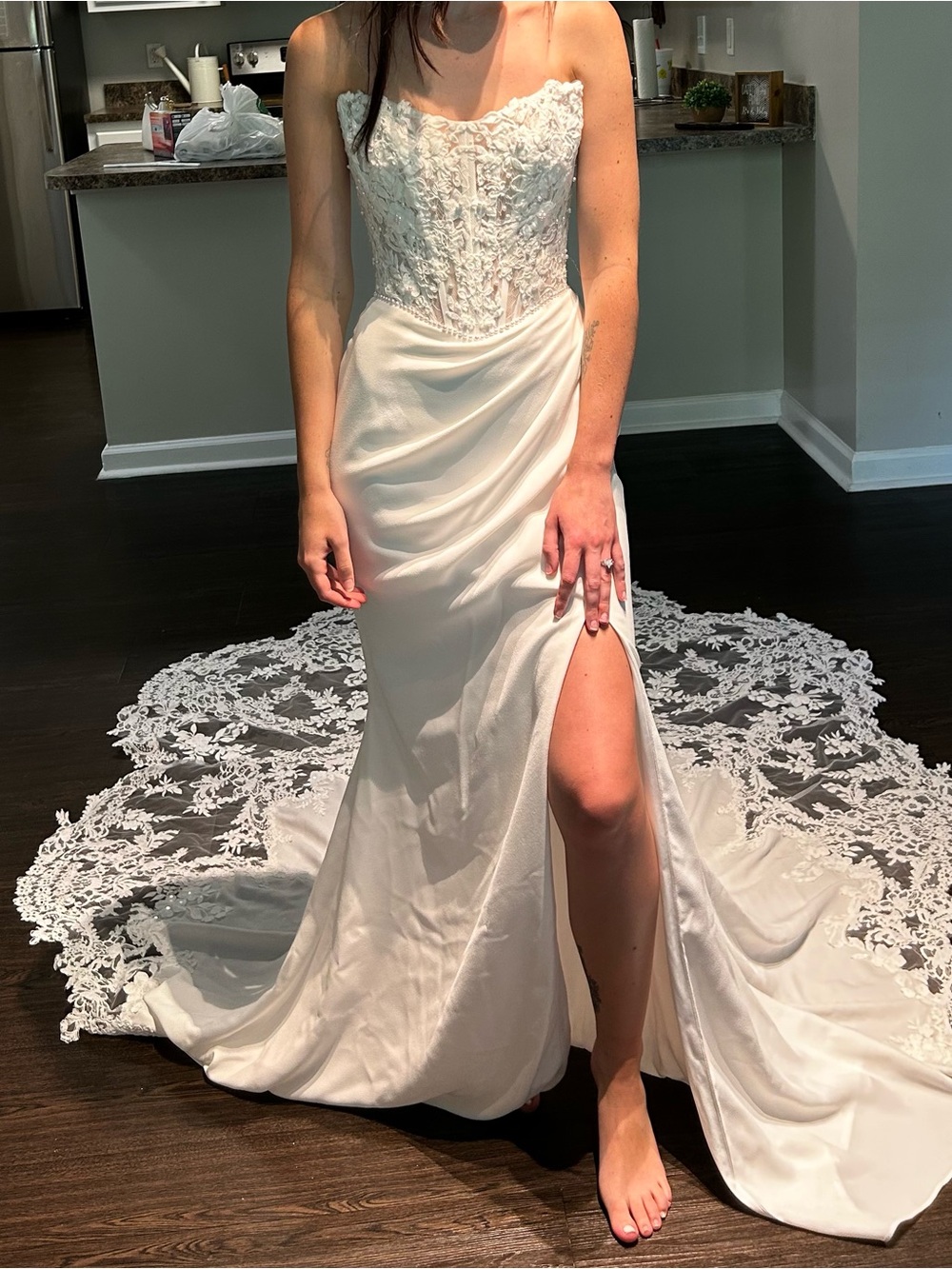 Grace & Lace Ivory Strapless Lace Bodice Wedding Dress with Draped Skirt